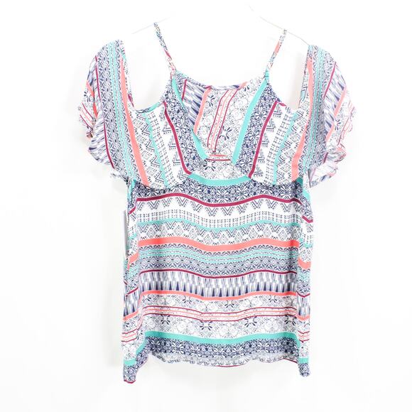 ELLA MOSS Blue Coral Cold Shoulder Boho Medallion Blouse - Picture 5 of 10